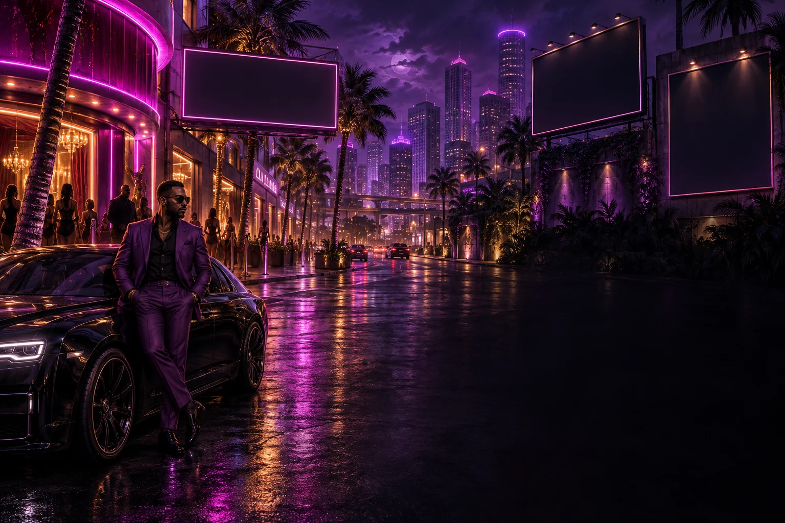 Illustration of a neon city boulevard in Pimp Warz